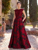 Jacquard Long Evening Dresses A Line Cap Sleeves Formal Dress Wedding Guest