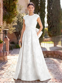 Jacquard Long Evening Dresses A Line Cap Sleeves Formal Dress Wedding Guest