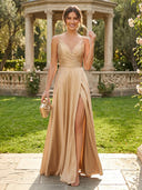 Satin A Line V Neck Sleeveless Long Formal Dresses with Slit