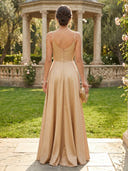 Satin A Line V Neck Sleeveless Long Formal Dresses with Slit