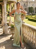 Satin A Line Sweehheart Corset Sleeveless Long Formal Dresses with Slit