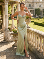 Satin A Line Sweehheart Corset Sleeveless Long Formal Dresses with Slit
