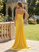 Satin A Line Strapless Sleeveless Long Formal Dresses with Scraf