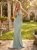 Satin Mermaid V Neck Sleeveless Long Formal Dresses with Pleated