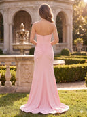 Satin Mermaid Strapeless V Neck Long Formal Dresses with Slit