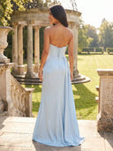 Satin Mermaid Strapless Long Formal Dresses with Pleated