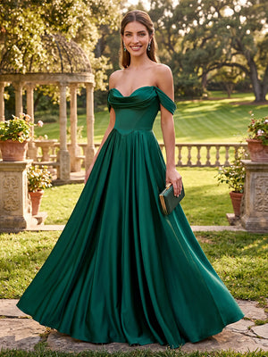 Satin A Line Off Shoulder Long Sweetheart Formal Dresses