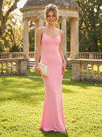 Satin Mermaid V Neck Spaghetti Straps Long Formal Dresses