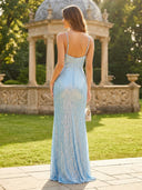 Sequin Mermaid V Neck Spaghetti Straps Long Formal Dresses with Slit