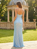 Sequin Mermaid V Neck Spaghetti Straps Long Formal Dresses with Slit Wedding Guest Maxi Dresses
