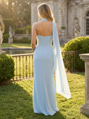 Chiffon Mermaid One Shoulder Strapless Long Formal Dresses with Scarf