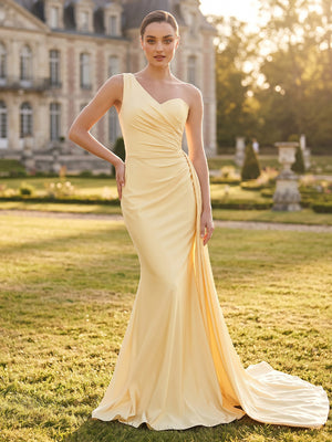 Satin Mermaid One Shoulder Sleeveless Long Formal Dresses with Pleated