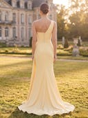 Satin Mermaid One Shoulder Sleeveless Long Formal Dresses with Pleated