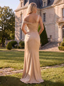 Satin Mermaid Long Strapless One Shoulder Formal Dresses with Slit