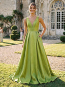 Satin V Neck A Line Long Formal Dresses with Pockets