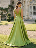 Satin V Neck A Line Long Formal Dresses with Pockets