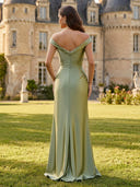 Satin Sweetheart V Neck Off Shoulder Long Formal Dresses with Pleated
