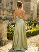 Satin A Line V Neck Spaghetti Straps Long Formal Dresses with Slit