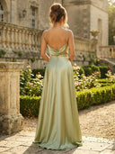 Satin A Line V Neck Spaghetti Straps Long Formal Dresses with Slit Wedding Guest Maxi Dresses