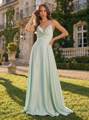 Satin A Line Cowl Neck Spaghetti Straps Long Formal Dresses