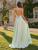 Satin A Line Cowl Neck Spaghetti Straps Long Formal Dresses