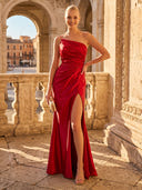 Satin Mermaid Long One Shoulder Formal Dresses with Slit