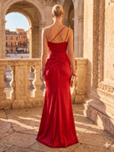 Satin Mermaid Long One Shoulder Formal Dresses with Slit