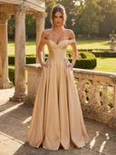Satin A Line Off Shoulder Long Formal Dresses with Pockets