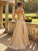 Satin A Line Off Shoulder Long Formal Dresses with Pockets