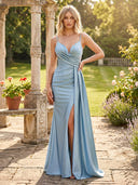 Satin A Line V Neck Spaghetti Straps Long Formal Dresses with Pleated