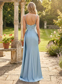 Satin A Line V Neck Spaghetti Straps Long Formal Dresses with Pleated