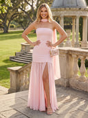 Chiffon Strapless A Line Long Formal Dresses with Scarf