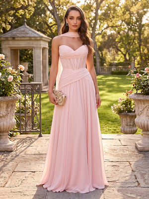 Chiffon A Line Strapless Long Formal Dresses with Scarf
