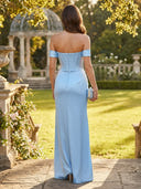 Satin Sweetheart Off Shoulder Long Formal Dresses with Slit