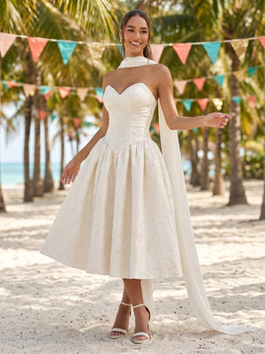 Satin A Line Strapless Tea Length Formal Dresses with Jacquard