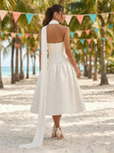 Satin A Line Strapless Tea Length Formal Dresses with Jacquard