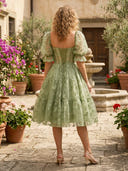 Tulle Sweetheart Short Sleeves Tea Length Formal Dresses with Jacquard