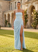 Satin Strapless Mermaid Sheath Long Formal Dresses with Slit