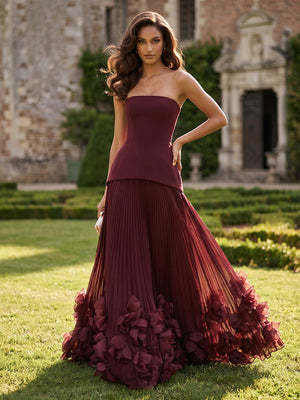 Tulle Mermaid Strapless Long Formal Dresses with Flower