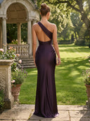Satin One Shoulder Mermaid Long Formal Dresses with Pleated Wedding Guest Maxi Dresses