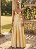 Satin A Line V Neck Spaghetti Straps Long Formal Dresses