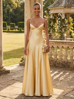Satin A Line V Neck Spaghetti Straps Long Formal Dresses