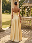 Satin A Line V Neck Spaghetti Straps Long Formal Dresses