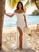 Satin Off Shoulder Mermaid Long Formal Dresses with Slit