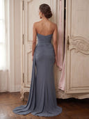 Satin Strapless Mermaid Sheath Long Formal Dresses with Pleated