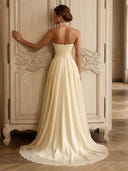 Satin A Line Strapless Long Formal Dresses with Train
