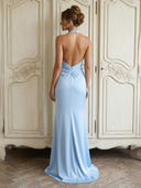 Satin Halter Mermaid Sheath Long Formal Dresses with Slit