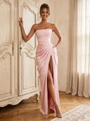 Satin Strapless Corset Mermaid Long Formal Dresses with Slit