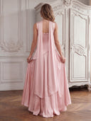 Satin A Line Square Neck Long Formal Dresses with Slit