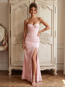 Satin Jacquard Spaghetti Strap Mermaid Sheath Long Formal Dresses with Slit
